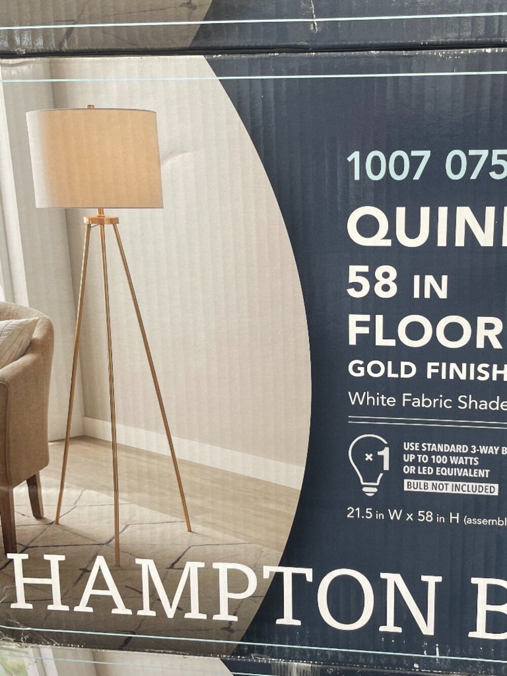 Hampton Bay Quinby 58 in. Gold Tripod Floor Lamp with White Fabric Shade